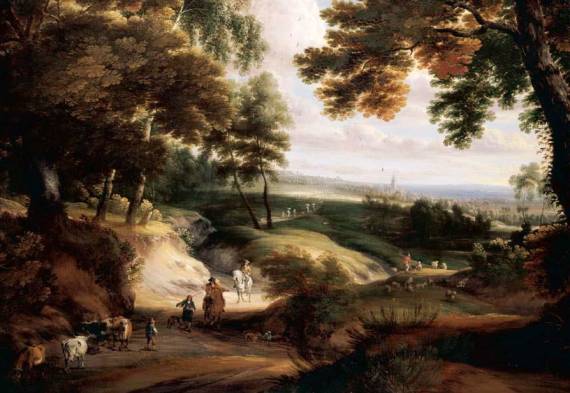 Jacques d'Arthois - A Wooded Landscape with Huntsmen