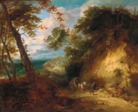 Jacques d'Arthois - A Wooded Landscape with Travelers on a Path
