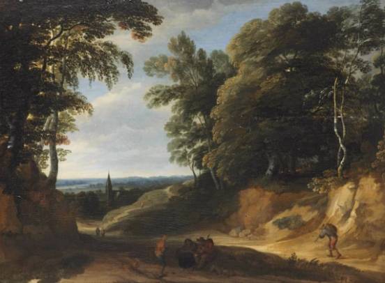 Jacques d'Arthois -  Hilly Wooded Landscape with Travellers on a Path