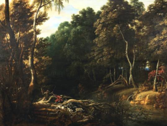 Jacques d'Arthois - A Wooded Landscape with a Boar Hunt 