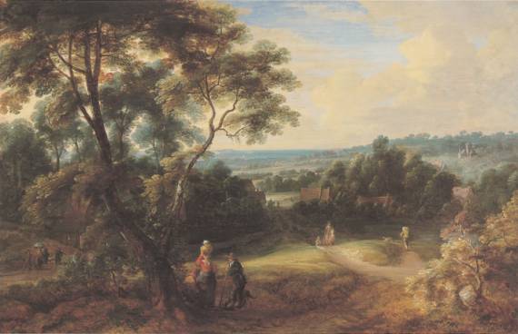 Jacques d'Arthois - Landscape with Villagers Resting and Horsemen