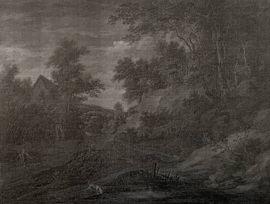 Jacques d'Arthois - Landscape with a Old Lady in Front of Her House, a Hunter and His Dogs