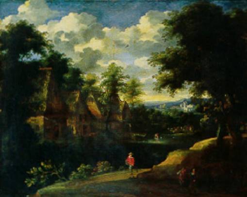 Jacques d'Arthois - Wooded Landscape with Figures and Flock near a Village on the Water Edge