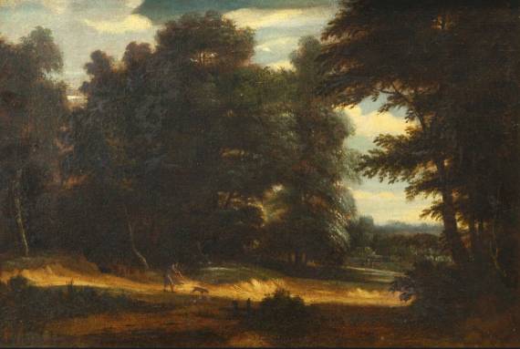 Jacques d'Arthois - A Wooded Landscape with a Sportsman and his Dog on a Sandy Road 