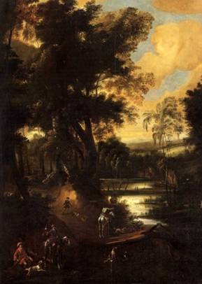 Jacques d'Arthois - An Elegant Hunting Party on a Forest Path with a Pond in the Background