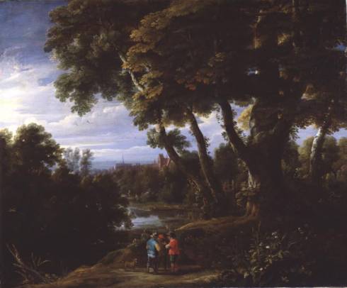 Jacques d'Arthois - Wooded River Landscape with Three Peasants Conversing