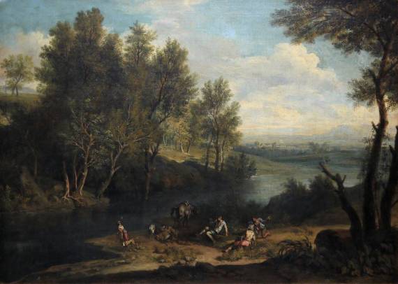 Jacques d'Arthois - Hunting Party Camping by a Body of Water